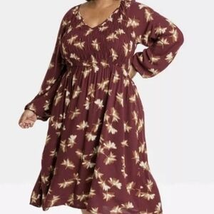 Ava & Viv Floral Burgundy/brown Midi Dress 1X
